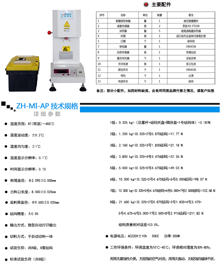 熔體流動(dòng)速率儀（質(zhì)量法）詳細(xì)技術(shù)參數(shù)說(shuō)明